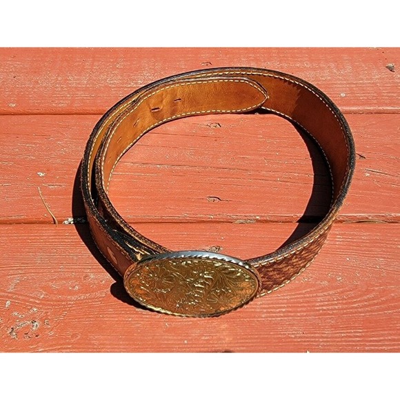 Vintage Kirkpatrick Brown Basket Weave Leather Belt Size 34, Buckle, Shooting - Picture 1 of 12